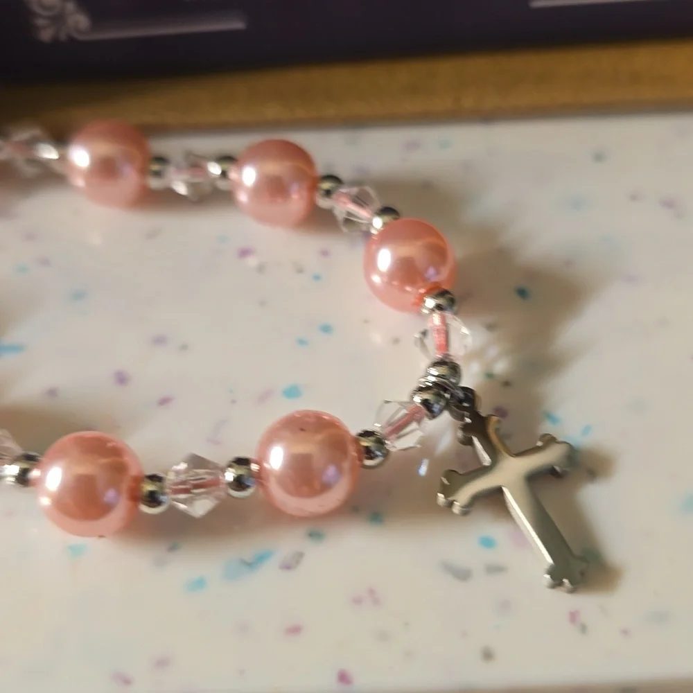 Pink Beaded Happy First Communion Bracelet with Cross Charm In  Gift Box New